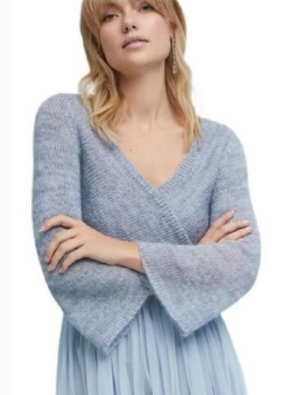 Maeve Anthropologie Blue Grey Bell Sleeve Mohair Wool Cropped Sweater Size Small